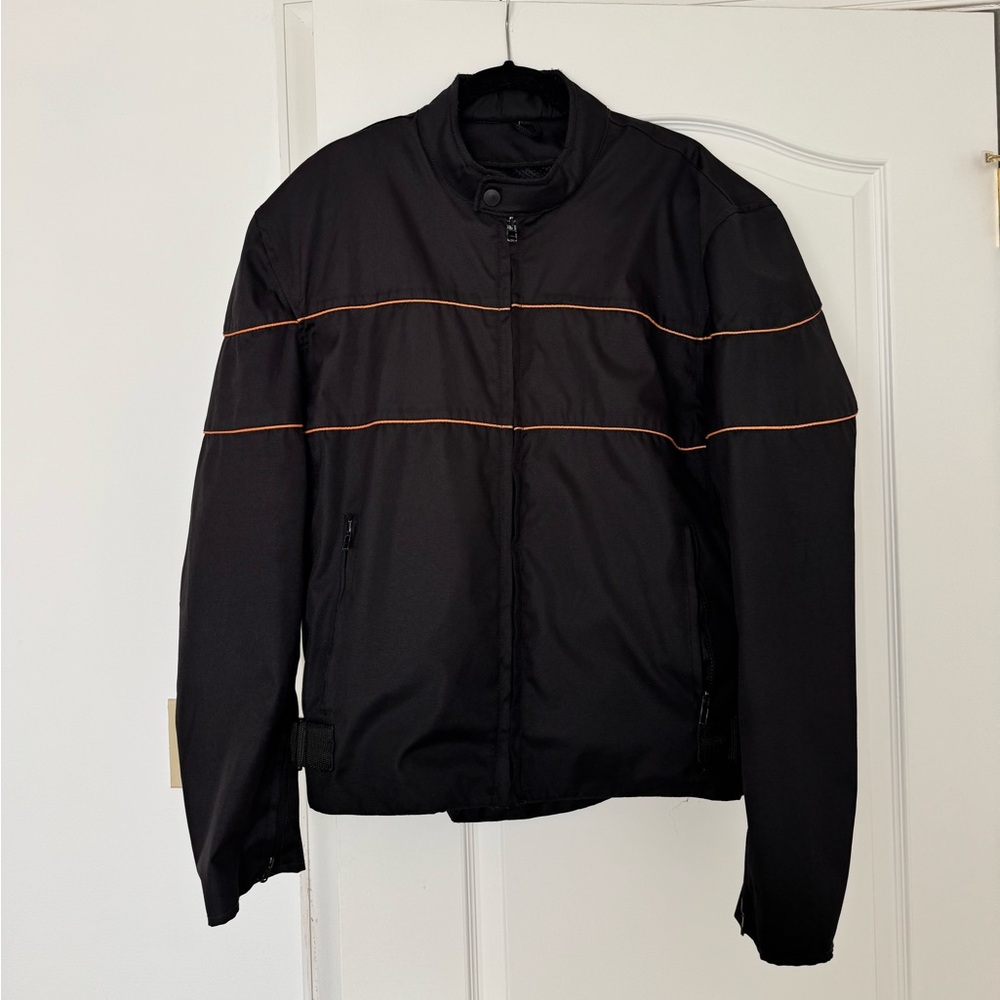 Black moto jacket, orange detail, adjustable
